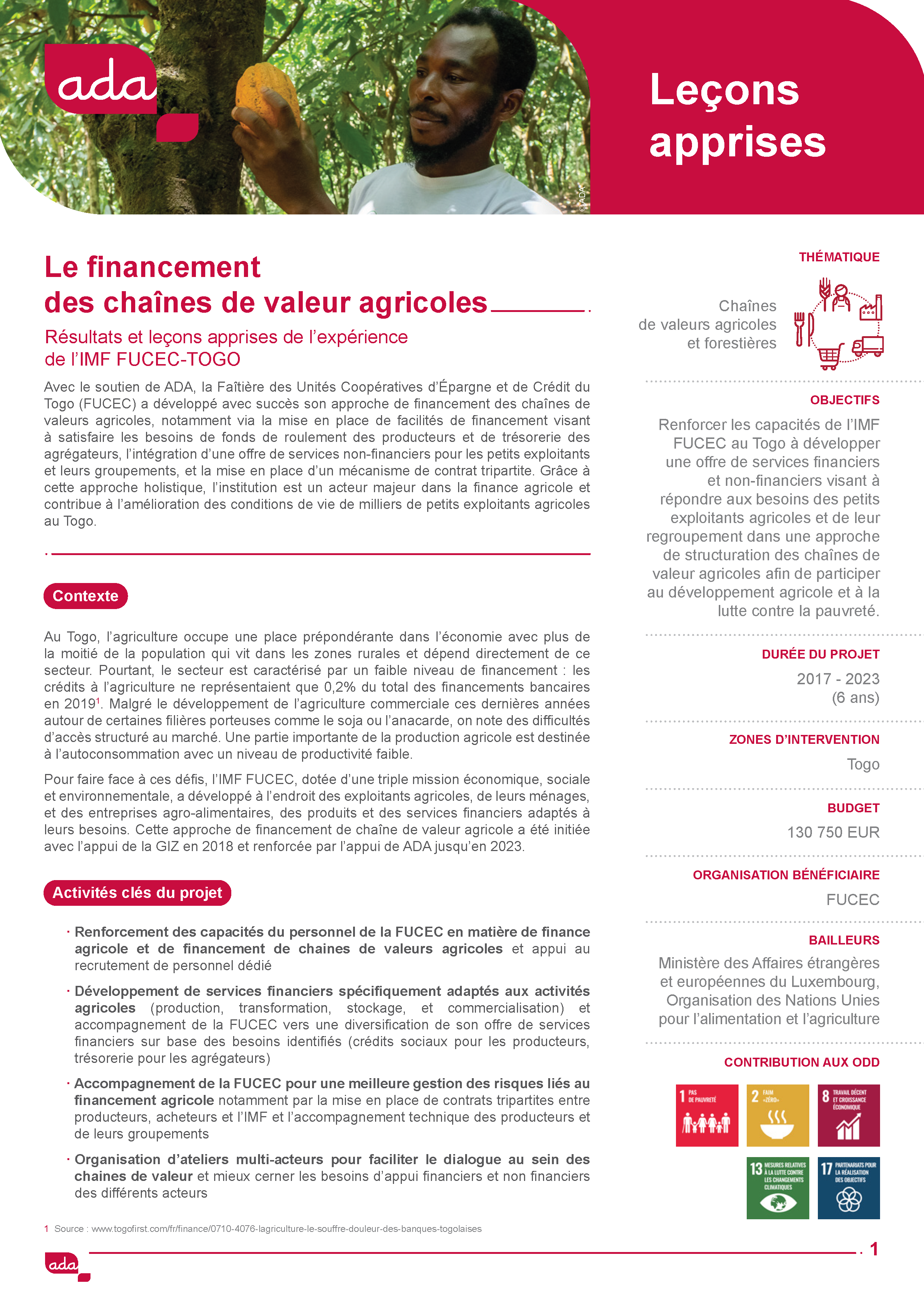 Résultats et leçons apprises de l’expérience de l’IMF FUCEC-TOGO